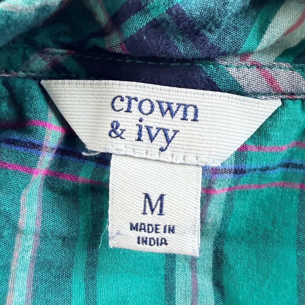 Crown & Ivy Women's Medium Ruffle Front Plaid Button Down Top Green Navy Pink - Picture 4 of 7
